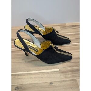 Anne Klein Couture Made In Italy Black Suede Slingback Heels 7Narrow Heel READ
